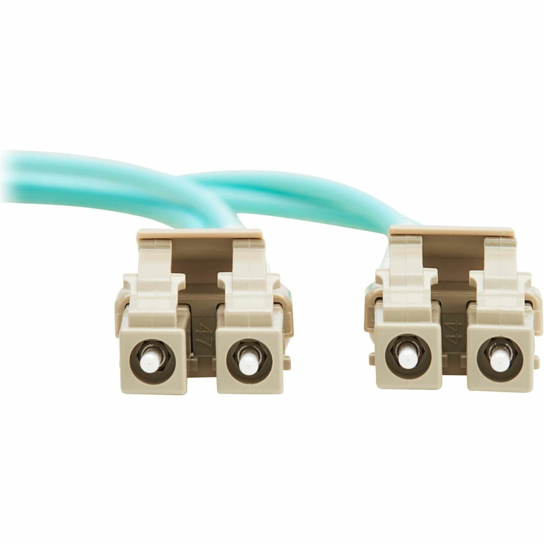 Close-up view of duplex LC connectors on OM3 fiber cable showing white housing and alignment features-alternate-image2