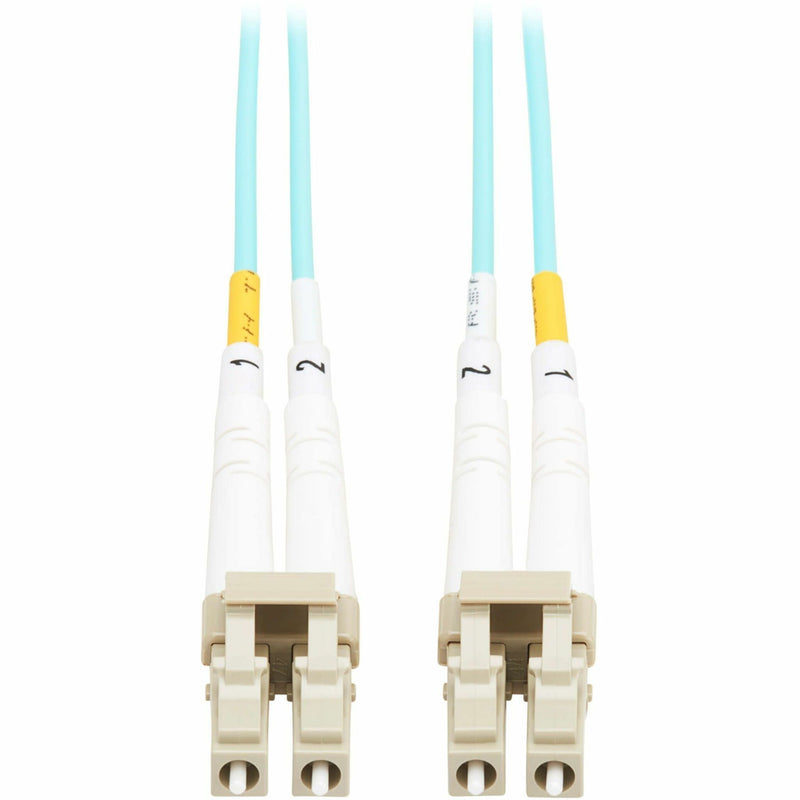 Tripp Lite OM3 multimode fiber patch cable with duplex LC connectors and aqua jacket