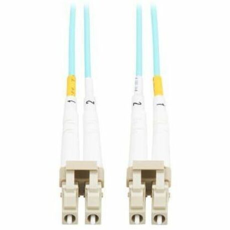 Close-up view of LC fiber optic connectors with white housing and yellow strain relief markers on aqua OM3 cable-alternate-image1