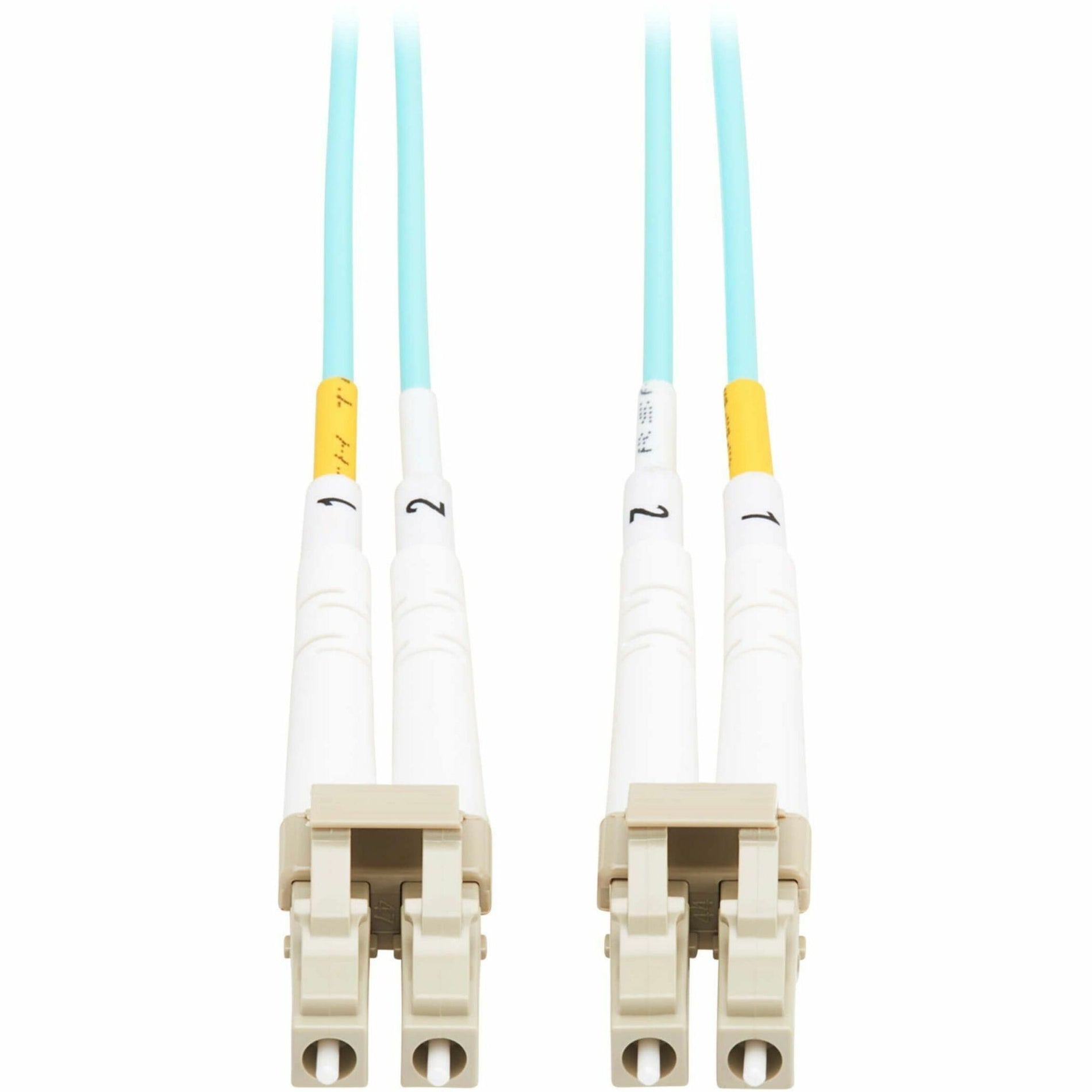 Tripp Lite OM3 multimode fiber optic cable with LC connectors showing duplex configuration and aqua jacket-alternate-image1