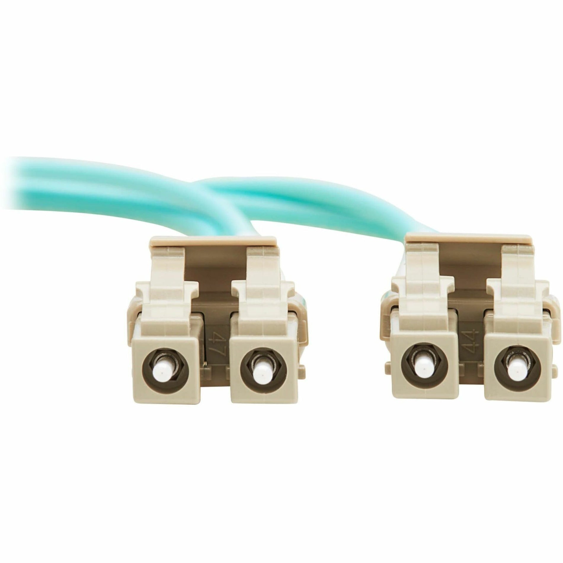 Close-up view of LC duplex connectors on aqua OM3 fiber optic cable showing dual ports and protective housing-alternate-image1