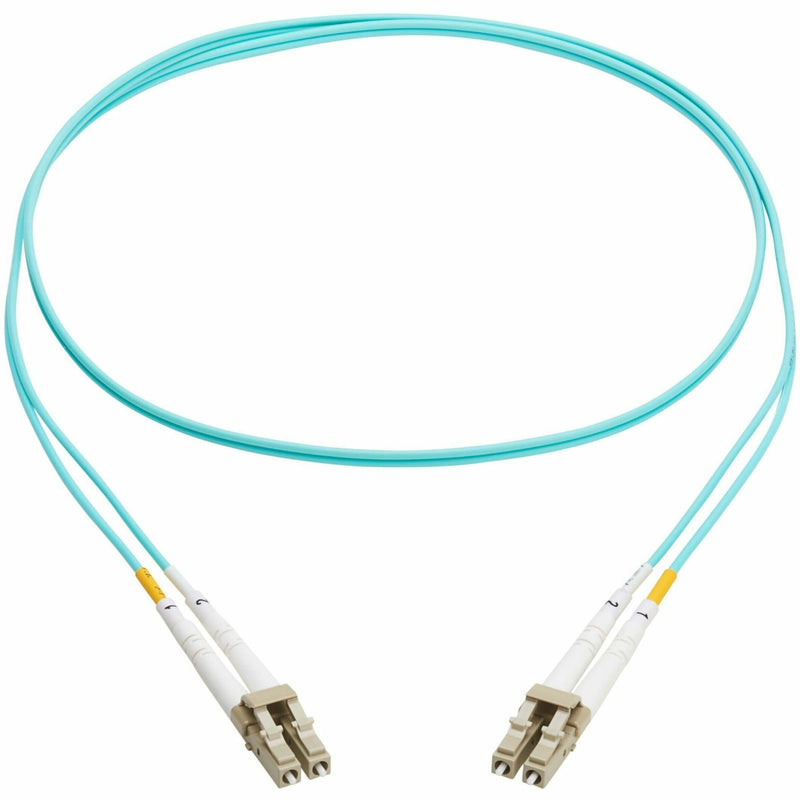 Aqua colored OM3 fiber optic cable with white LC connectors and yellow strain relief boots