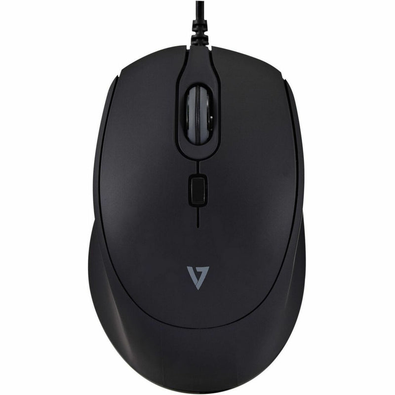 Top view of V7 MU350 black USB wired mouse showing silent click buttons and scroll wheel