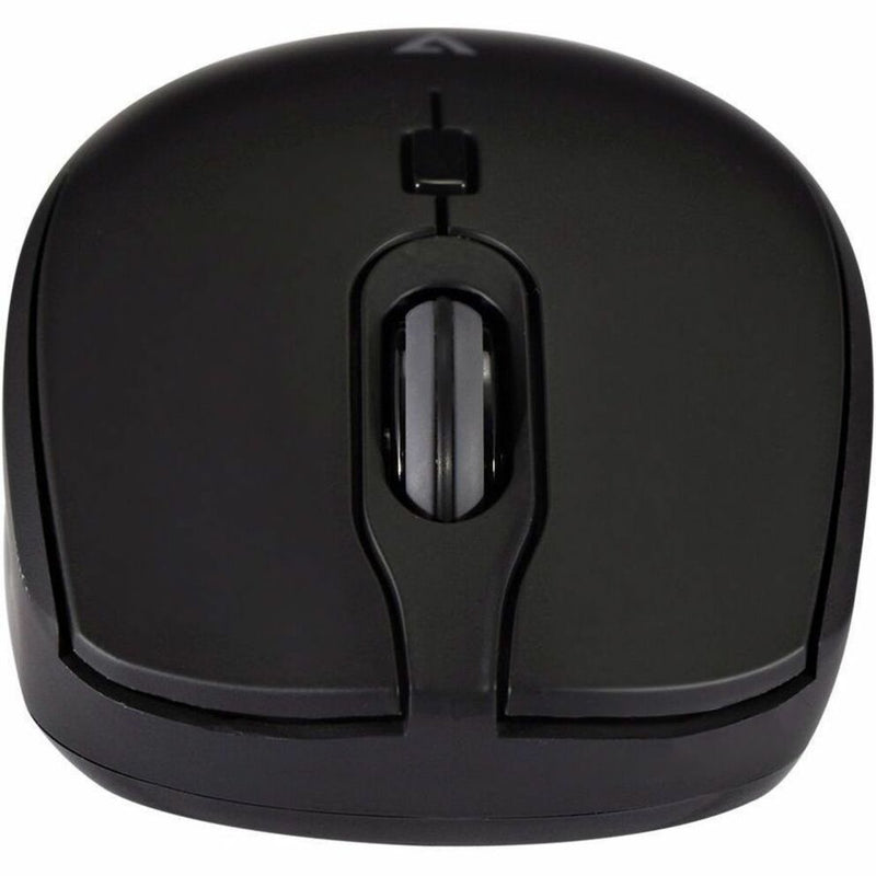 Top view of V7 MW350 wireless mouse showing quiet-click buttons and scroll wheel in matte black finish