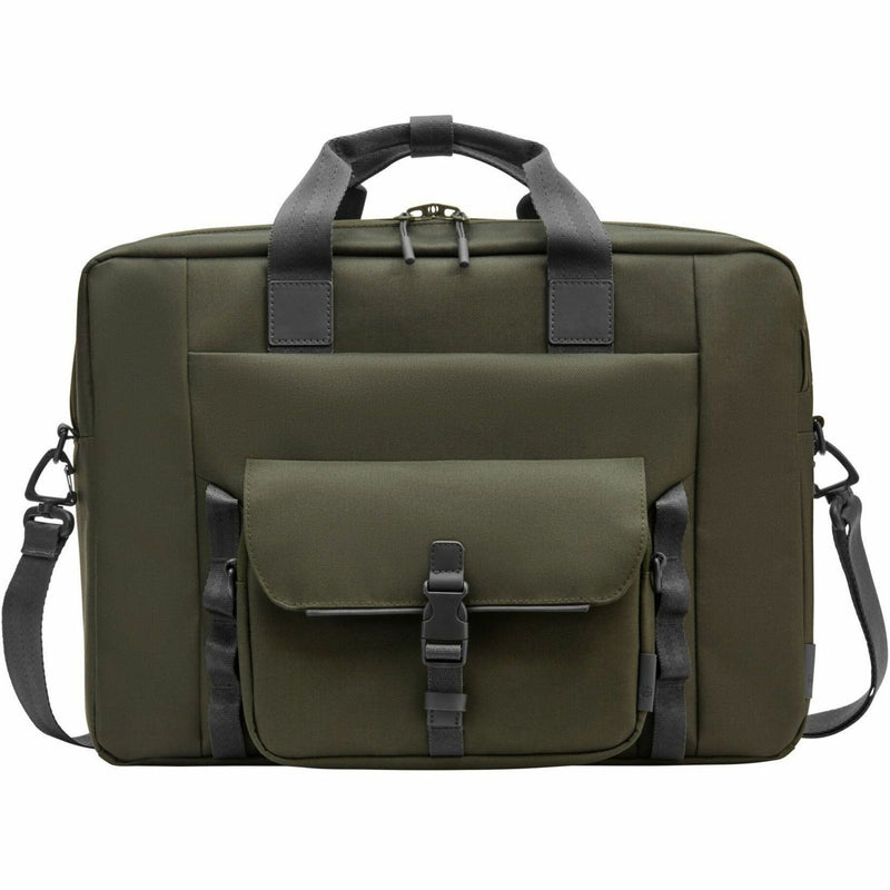 Front view of HP laptop bag showing organized compartments and security features