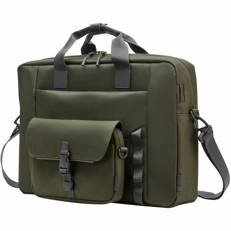 HP 15.6-inch olive green laptop messenger bag with gray straps and military-style front pocket