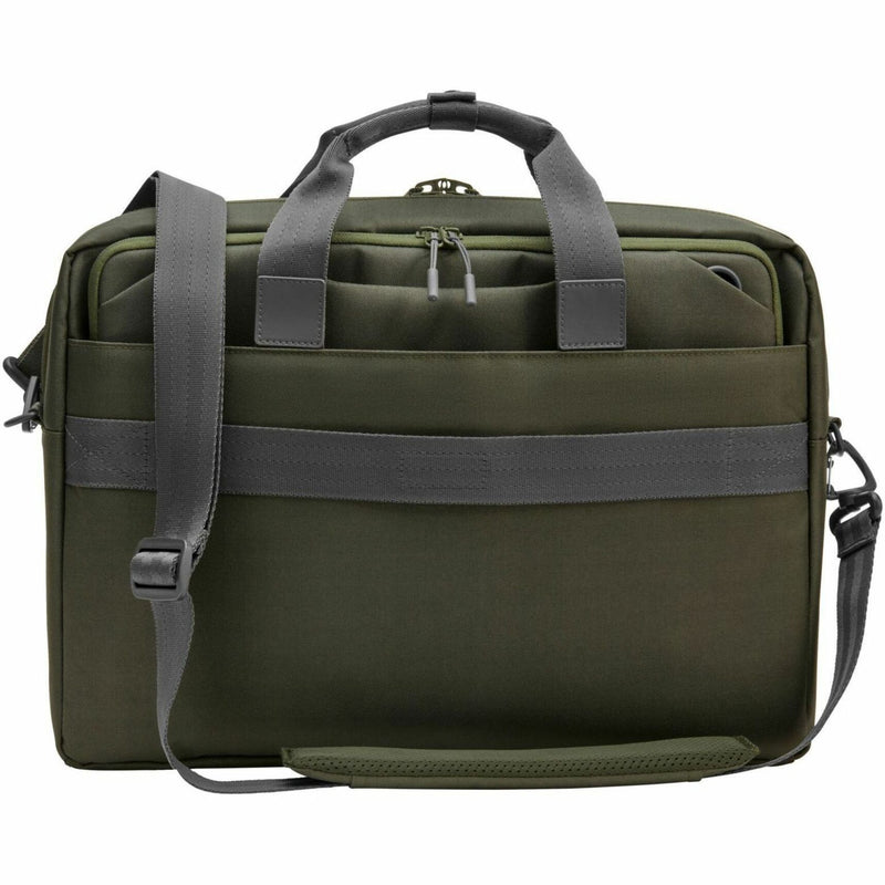 Rear view of HP laptop bag showing trolley strap and professional design