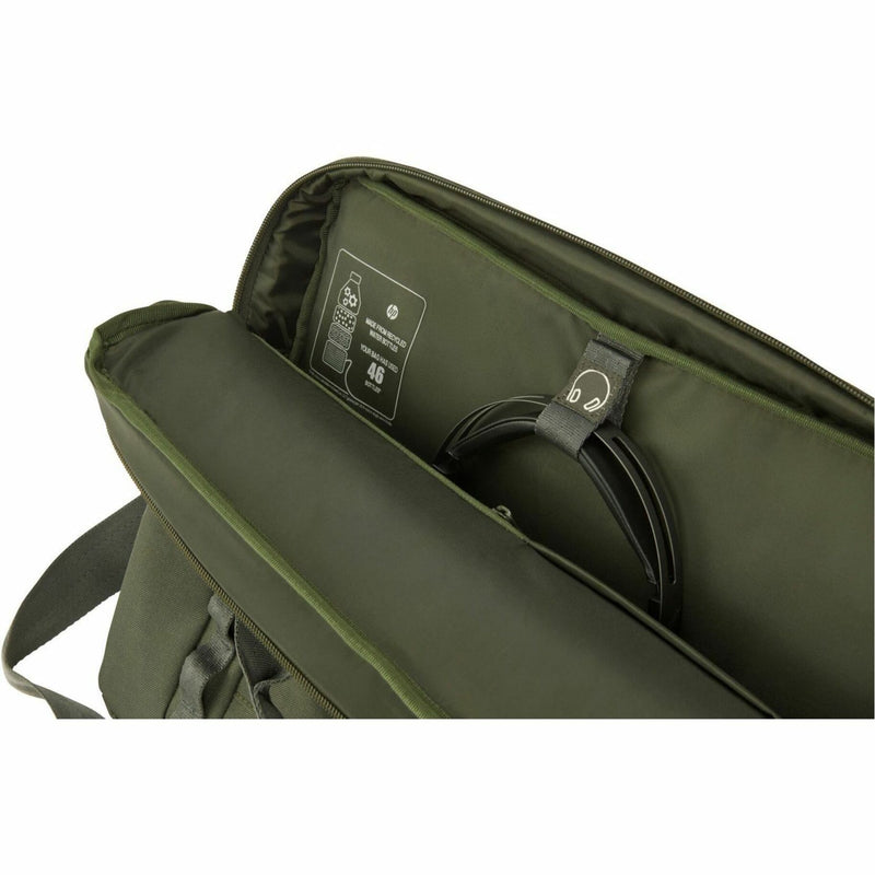 Interior view of HP laptop bag showing organizational features and padding