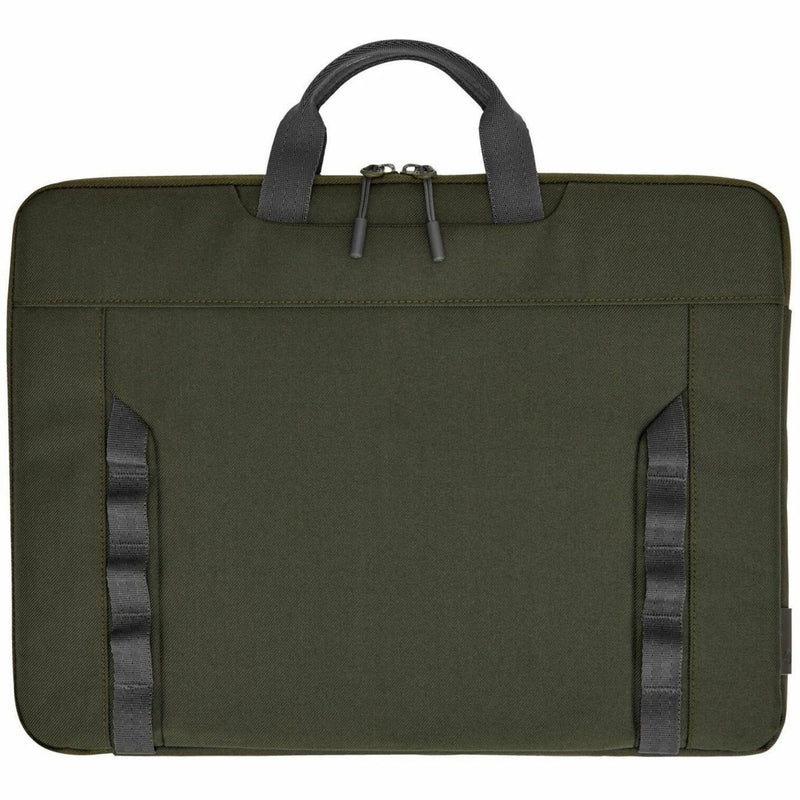 Back view of HP laptop sleeve showing reinforced strap system and olive green material