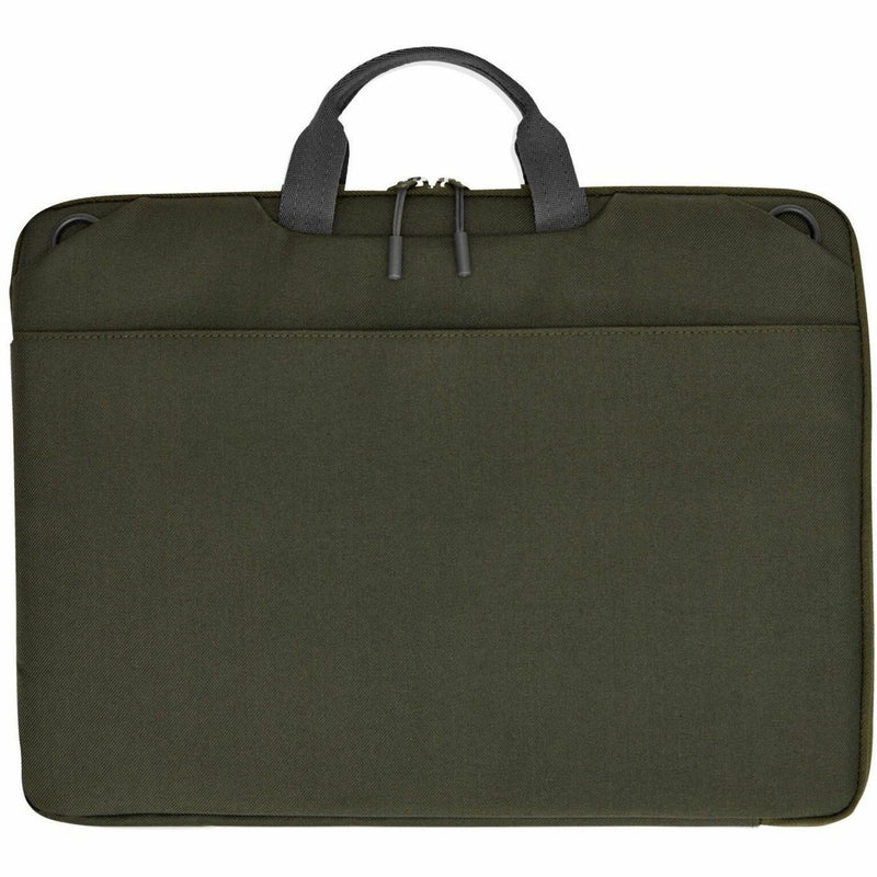 Front view of HP 15.6-inch olive green laptop sleeve with gray handles and zipper closure