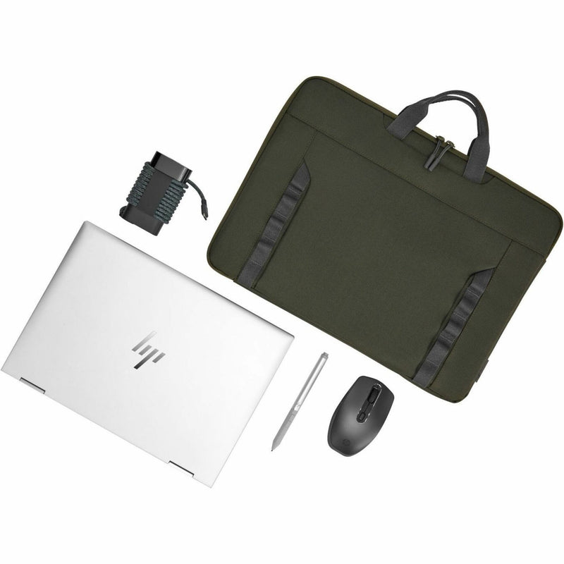 Flatlay of HP laptop sleeve with laptop, mouse, stylus, and charging adapter