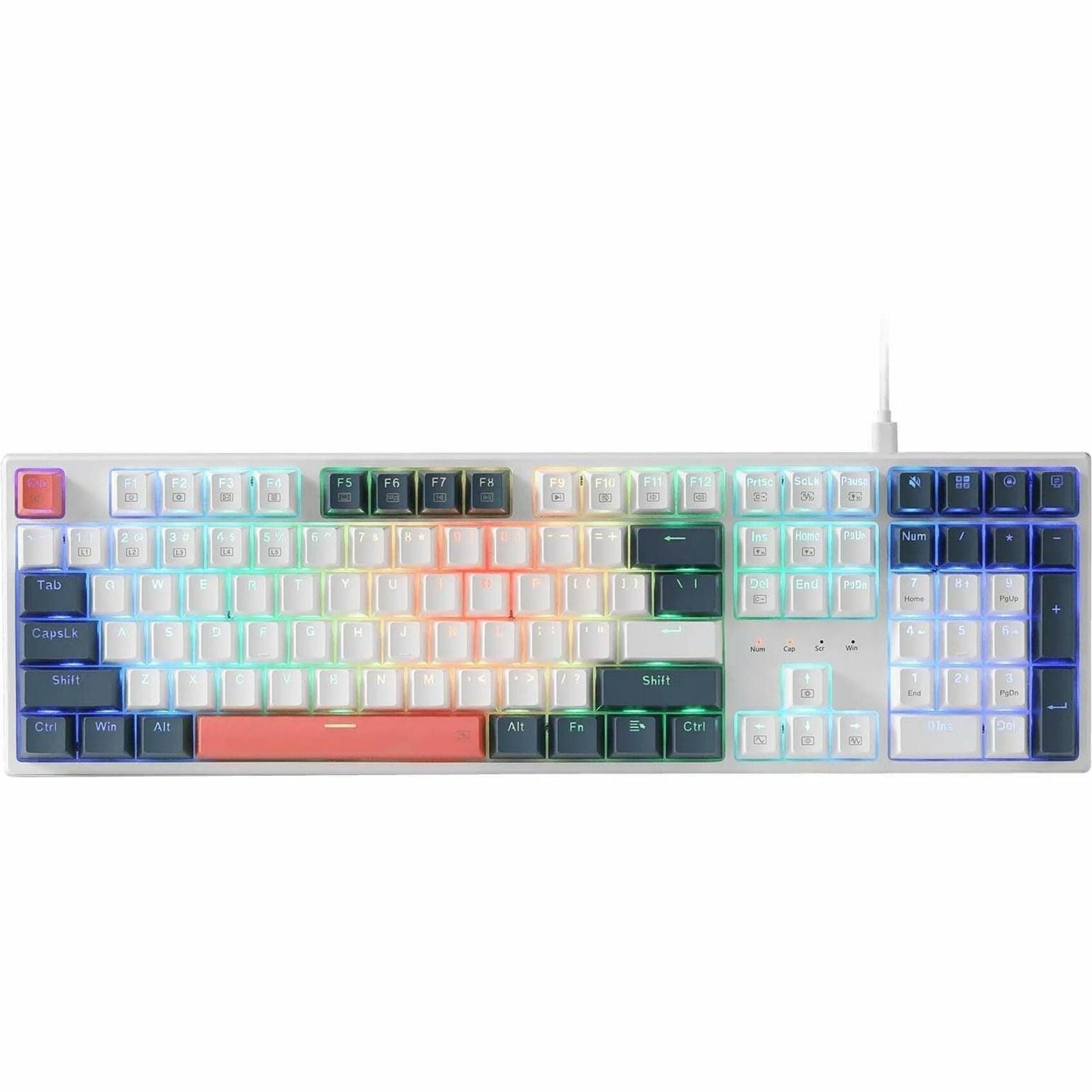 Redragon Trundle K668 mechanical keyboard with RGB backlighting displaying rainbow color pattern across white and dark keycaps-alternate-image1