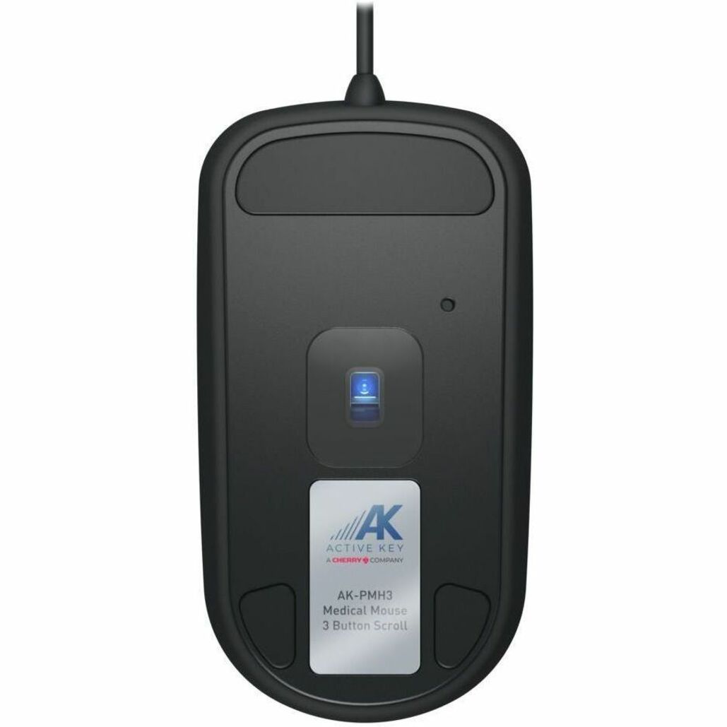 Bottom view of CHERRY AK-PMH3 Medical Mouse showing Blue LED sensor and product labeling-alternate-image4