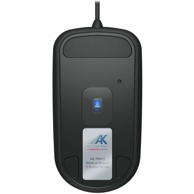 Bottom view of CHERRY AK-PMH3 Medical Mouse showing Blue LED sensor and product labeling