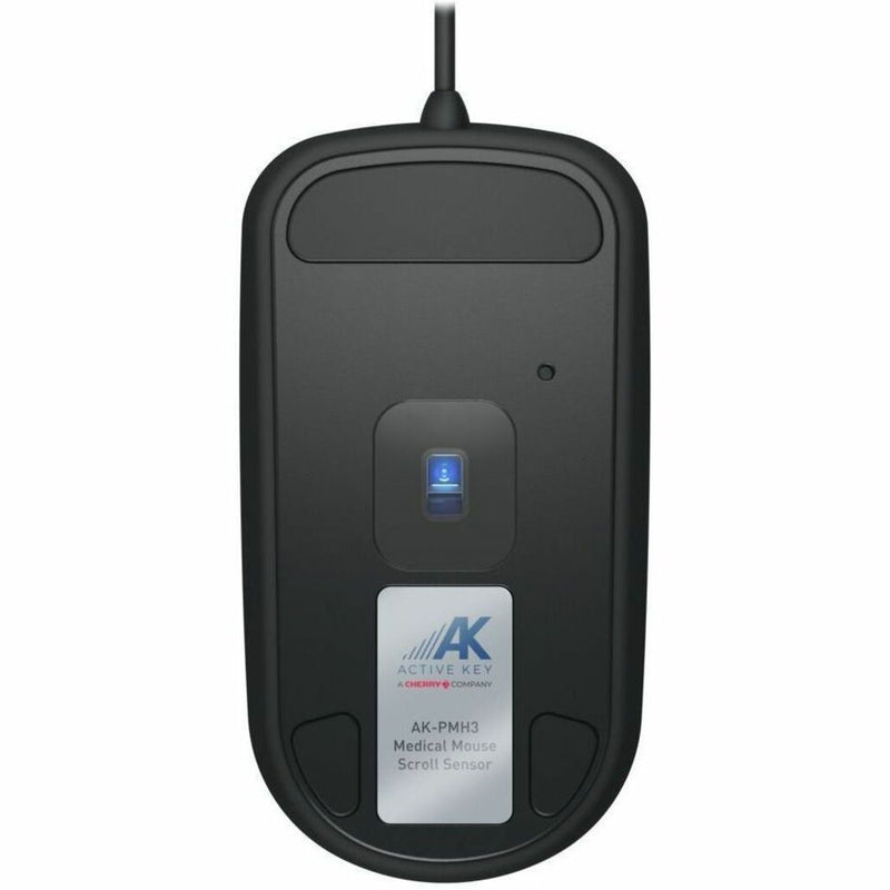 Bottom view of medical mouse showing blue LED sensor and product branding