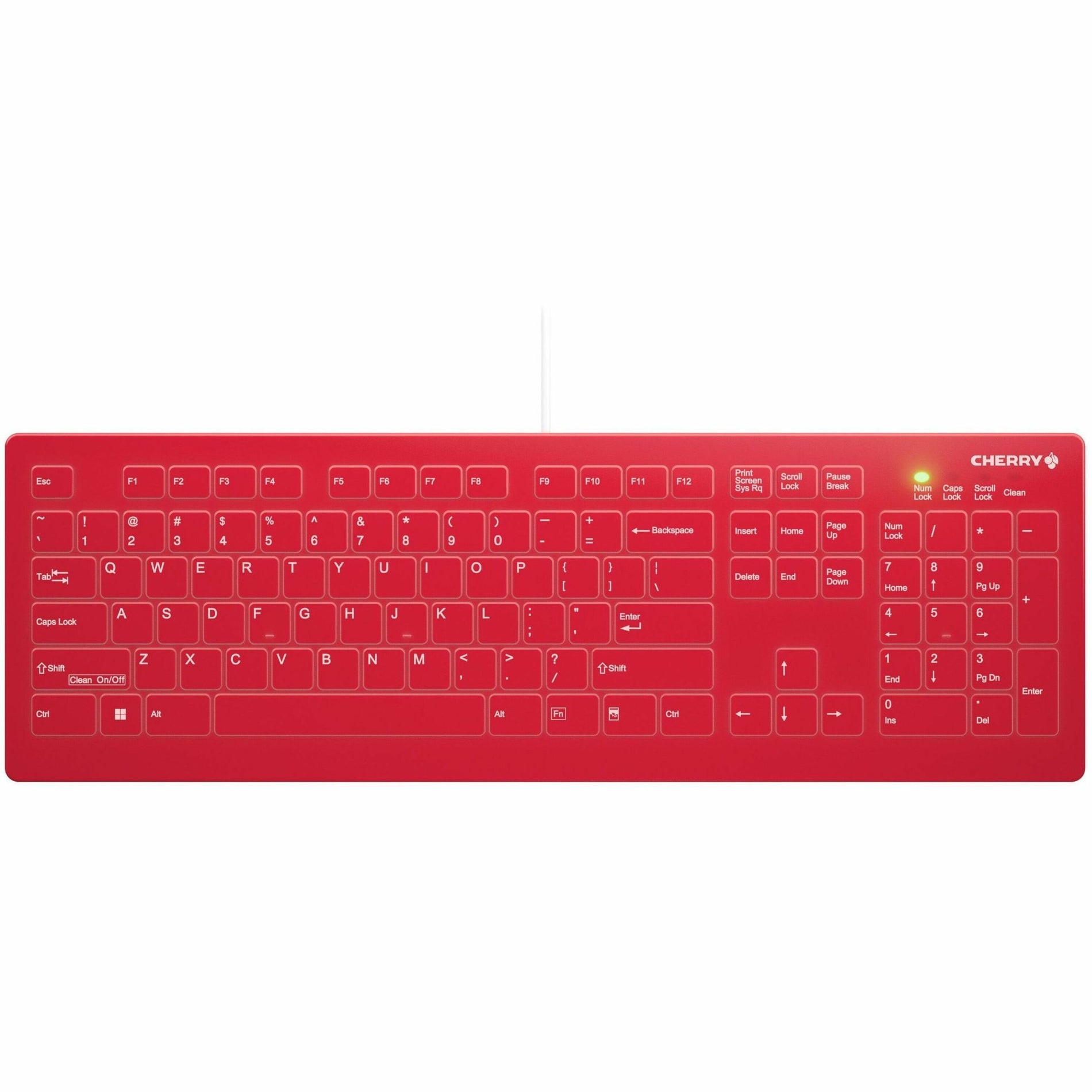 Top view of the red CHERRY AK-C8112 medical keyboard showing full key layout and clean function button-alternate-image2