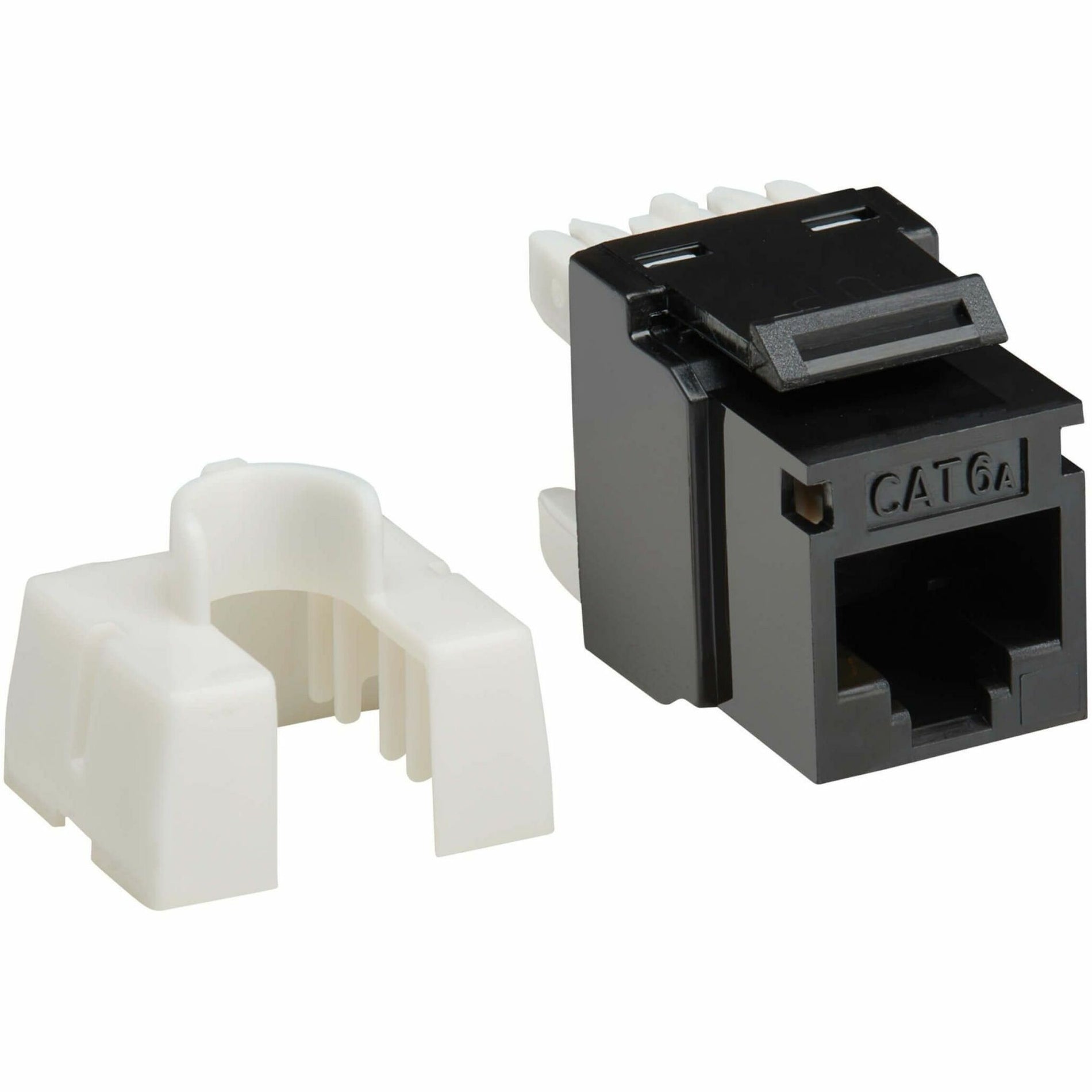 Tripp Lite CAT6A keystone jack with black housing and white mounting bracket shown side by side-alternate-image1