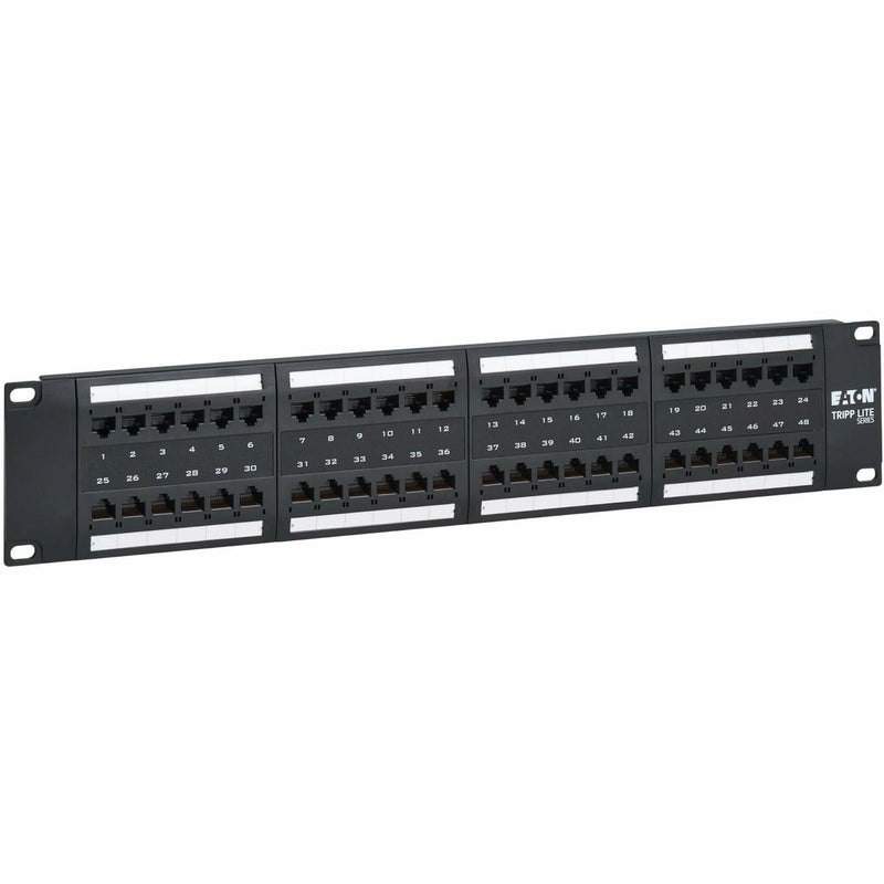 Front view of Tripp Lite 48-port Cat6 patch panel with numbered ports