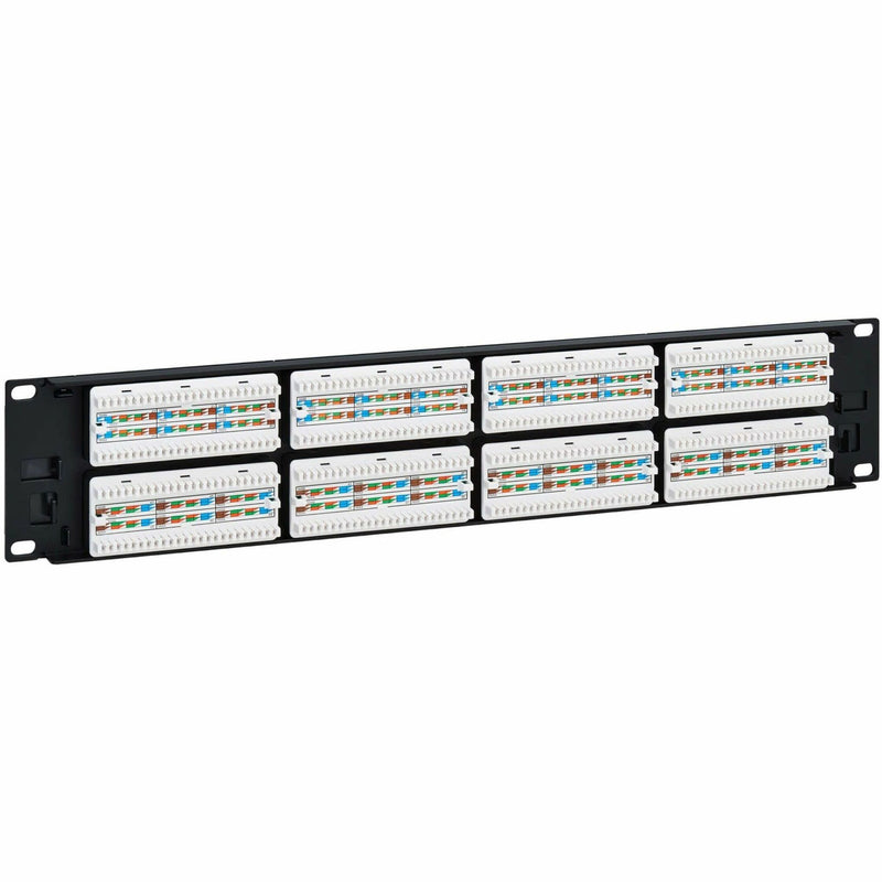 Close-up of patch panel punch-down blocks with color coding