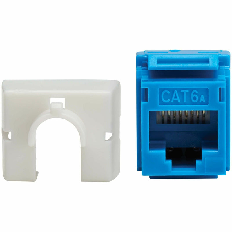 Close-up view of Cat6a keystone jack showing RJ-45 port and internal contacts