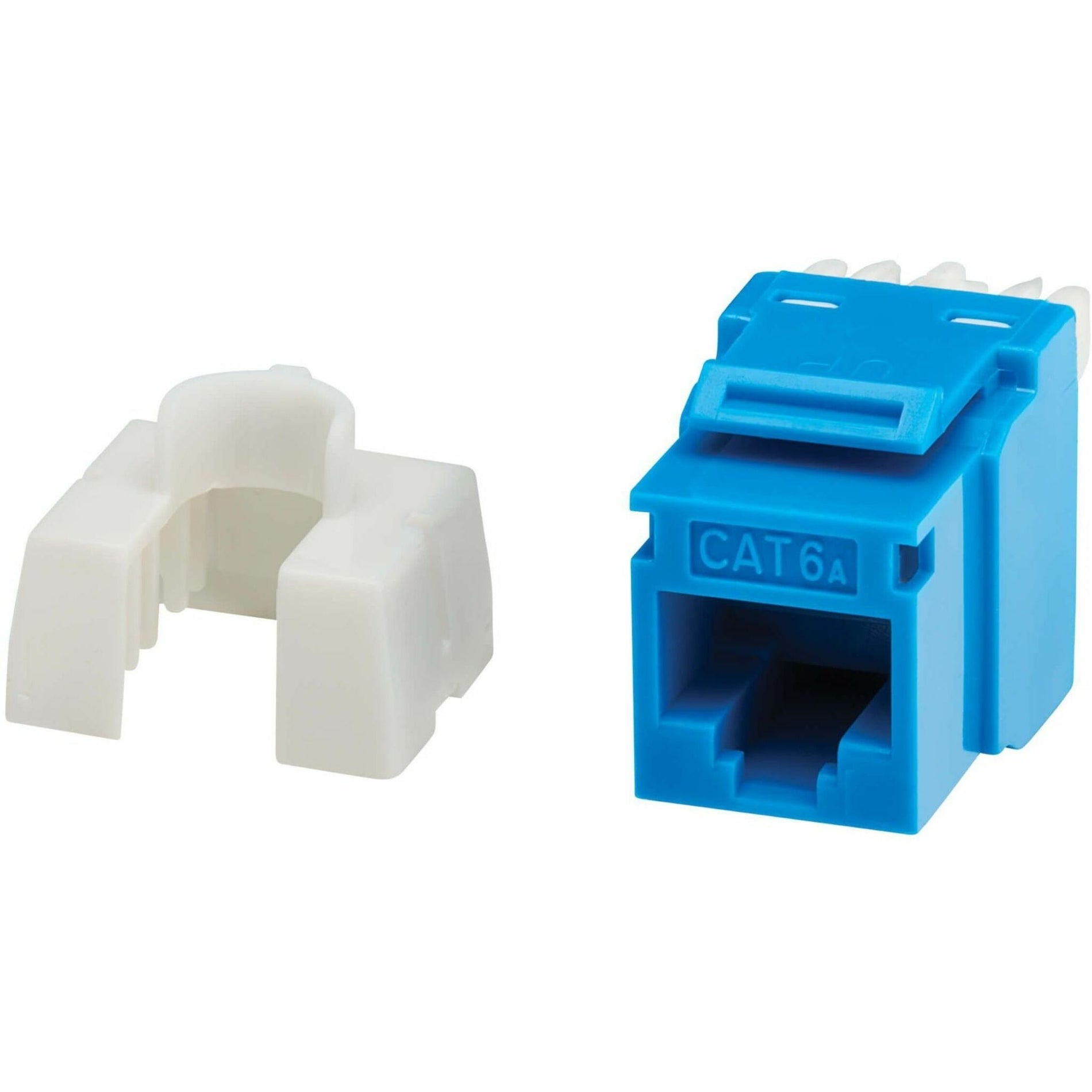 Cat6a keystone jack showing blue housing and white mounting bracket components-alternate-image1