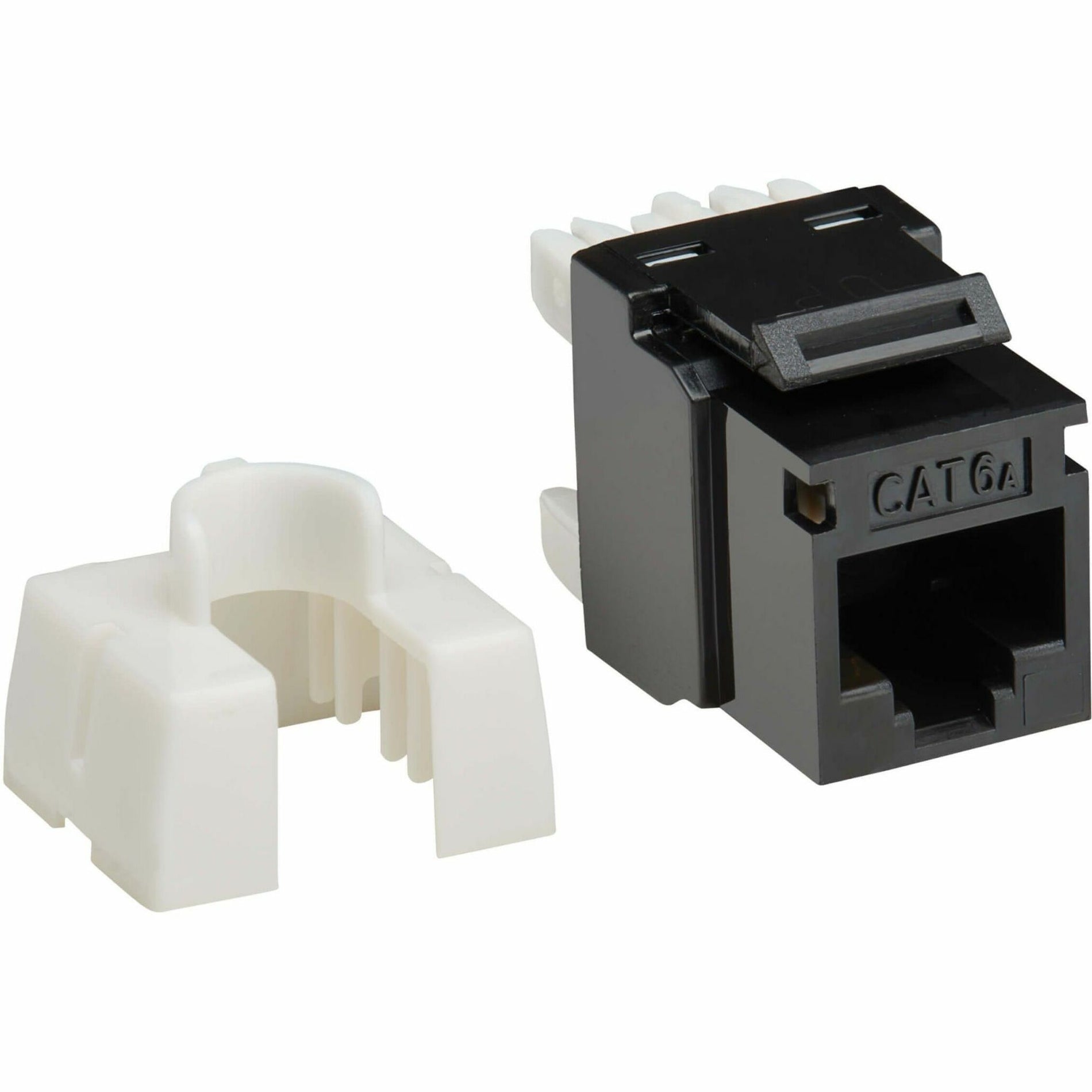 Cat6a keystone jack showing black housing and white mounting bracket with RJ45 port-alternate-image1