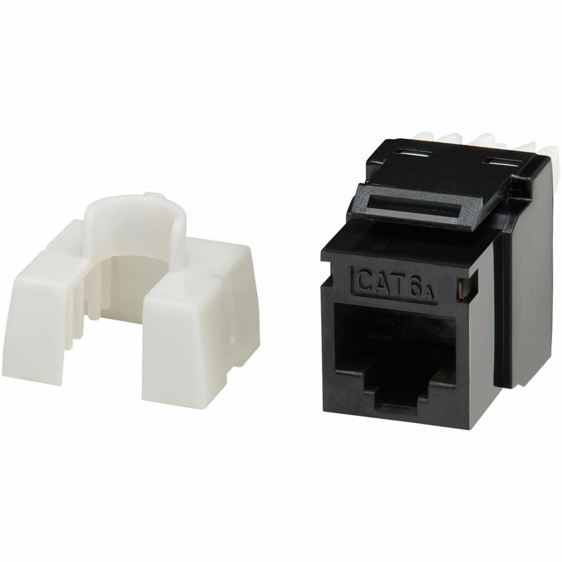 Side view of Cat6a keystone jack components showing mounting mechanism