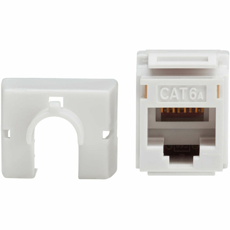 Close-up view of CAT6A keystone jack contact points and RJ-45 port