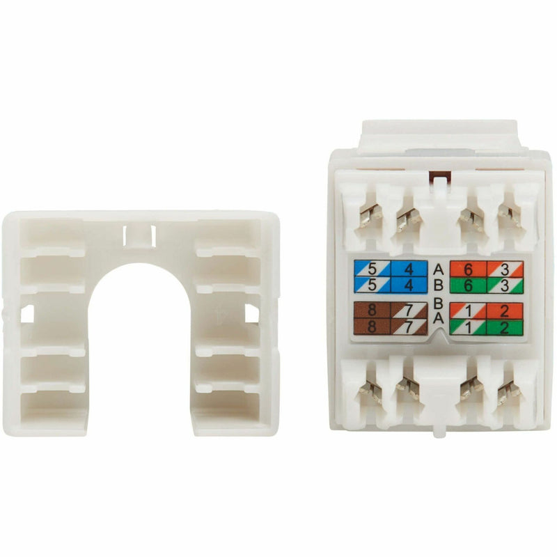 Internal view of CAT6A keystone jack showing color-coded wiring diagram