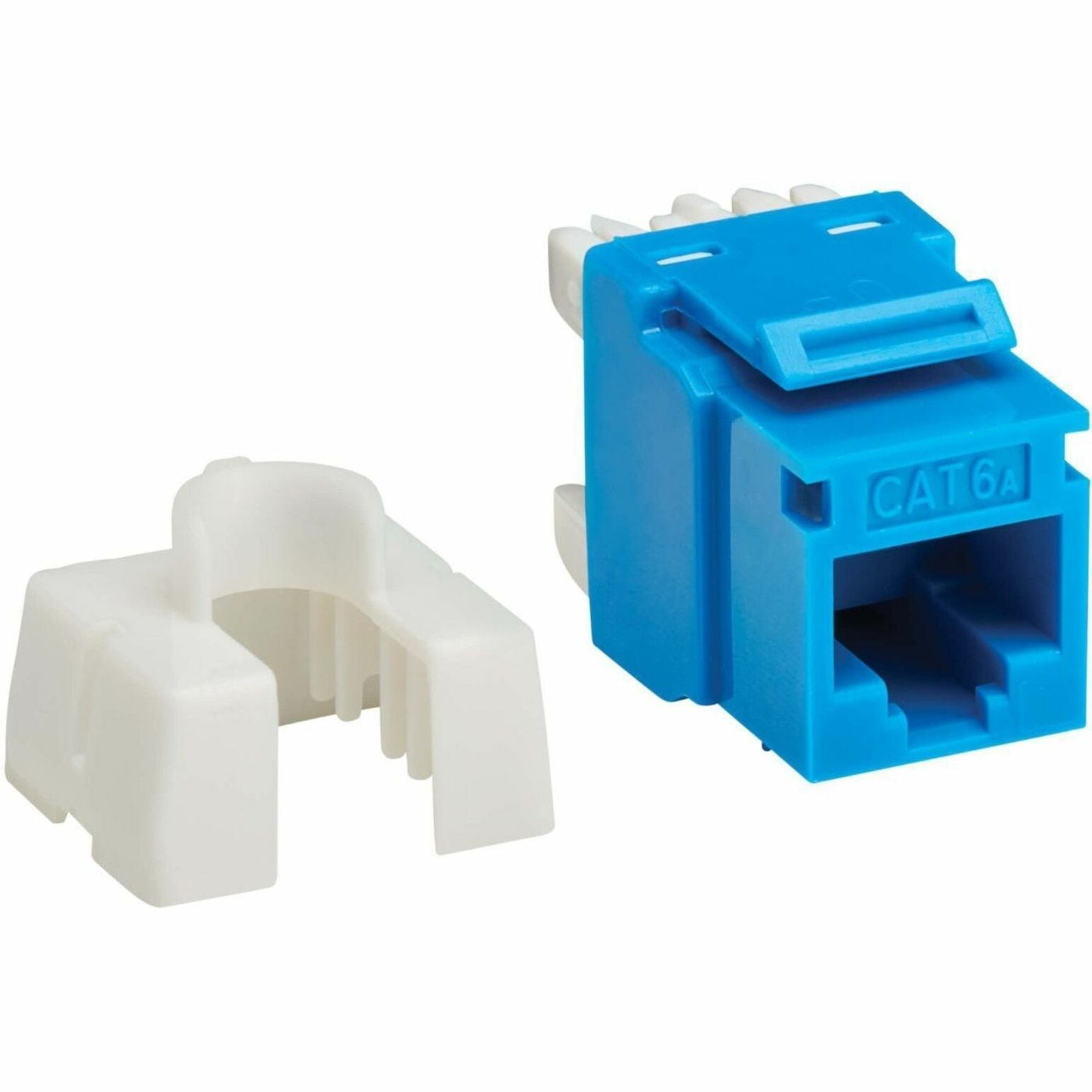 Cat6a keystone jack showing blue housing and white protective cover components-alternate-image1