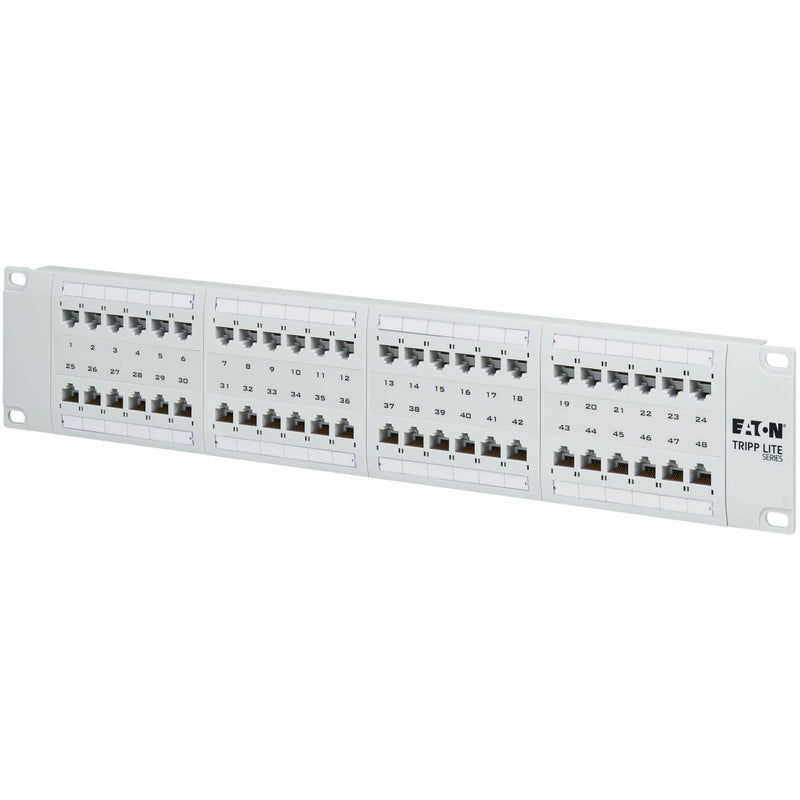 Angular view of 48-port patch panel showing dual-row port arrangement