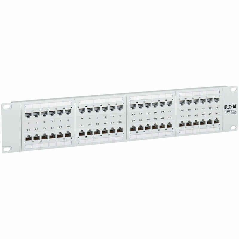 Front view of white 48-port Cat6 patch panel with numbered RJ45 ports