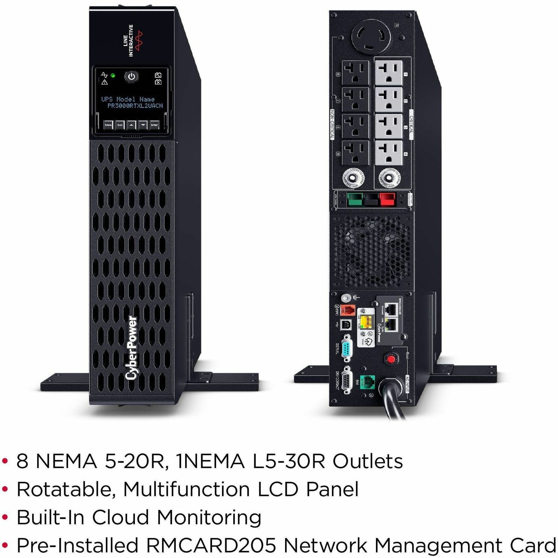 Side-by-side view of CyberPower UPS front and rear panels showing outlets and interface-alternate-image4