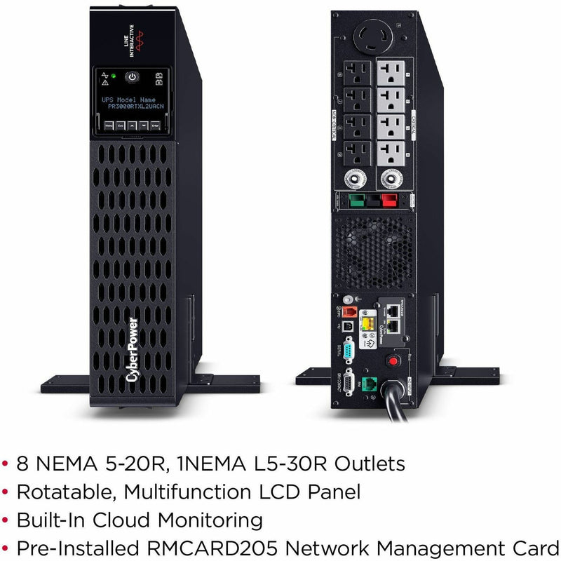 Side-by-side view of CyberPower UPS front and rear panels showing outlets and interface