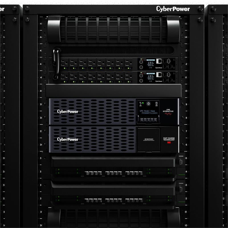 Rack mounted view of multiple CyberPower UPS units in enterprise environment