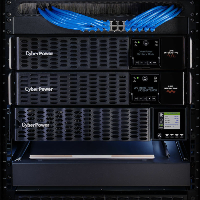 Professional installation of CyberPower UPS with organized network cabling and proper spacing