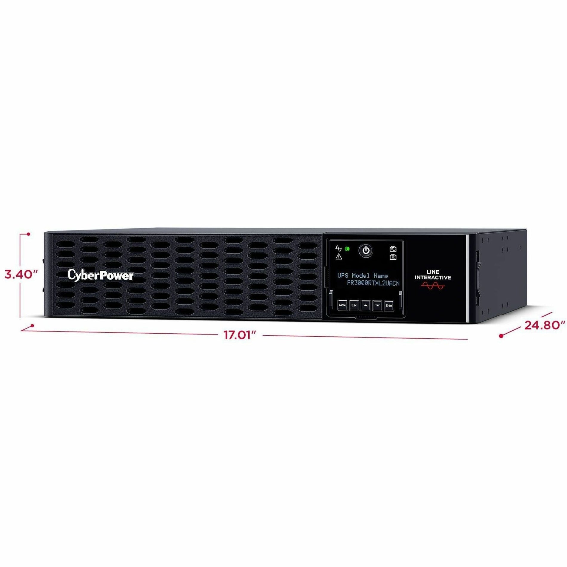 Dimensional view of CyberPower UPS showing 2U rack height and width measurements-alternate-image5