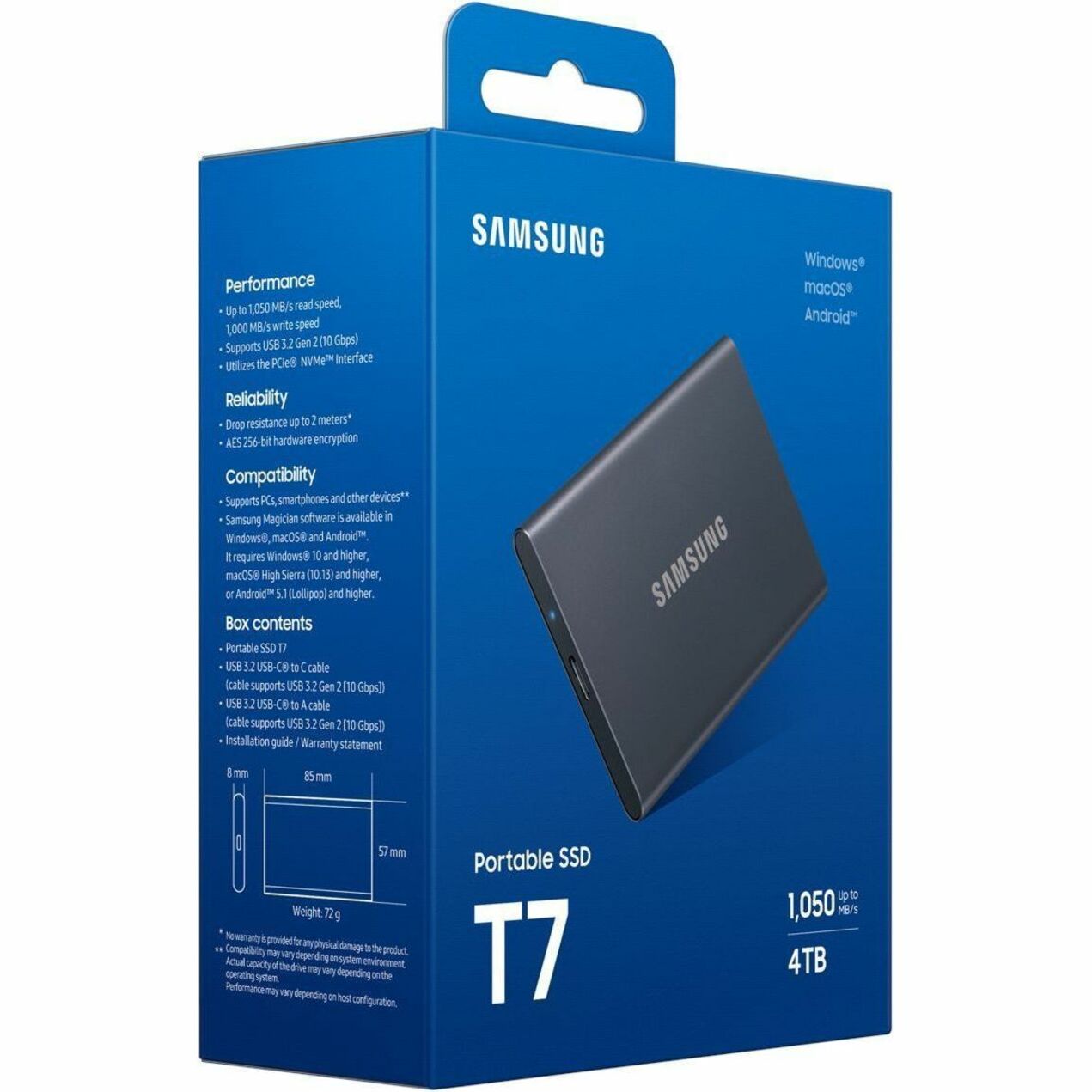 Samsung T7 4 TB Portable Solid State Drive - External - PCI Express NVMe - Titan Gray (MU-PC4T0T/AM)