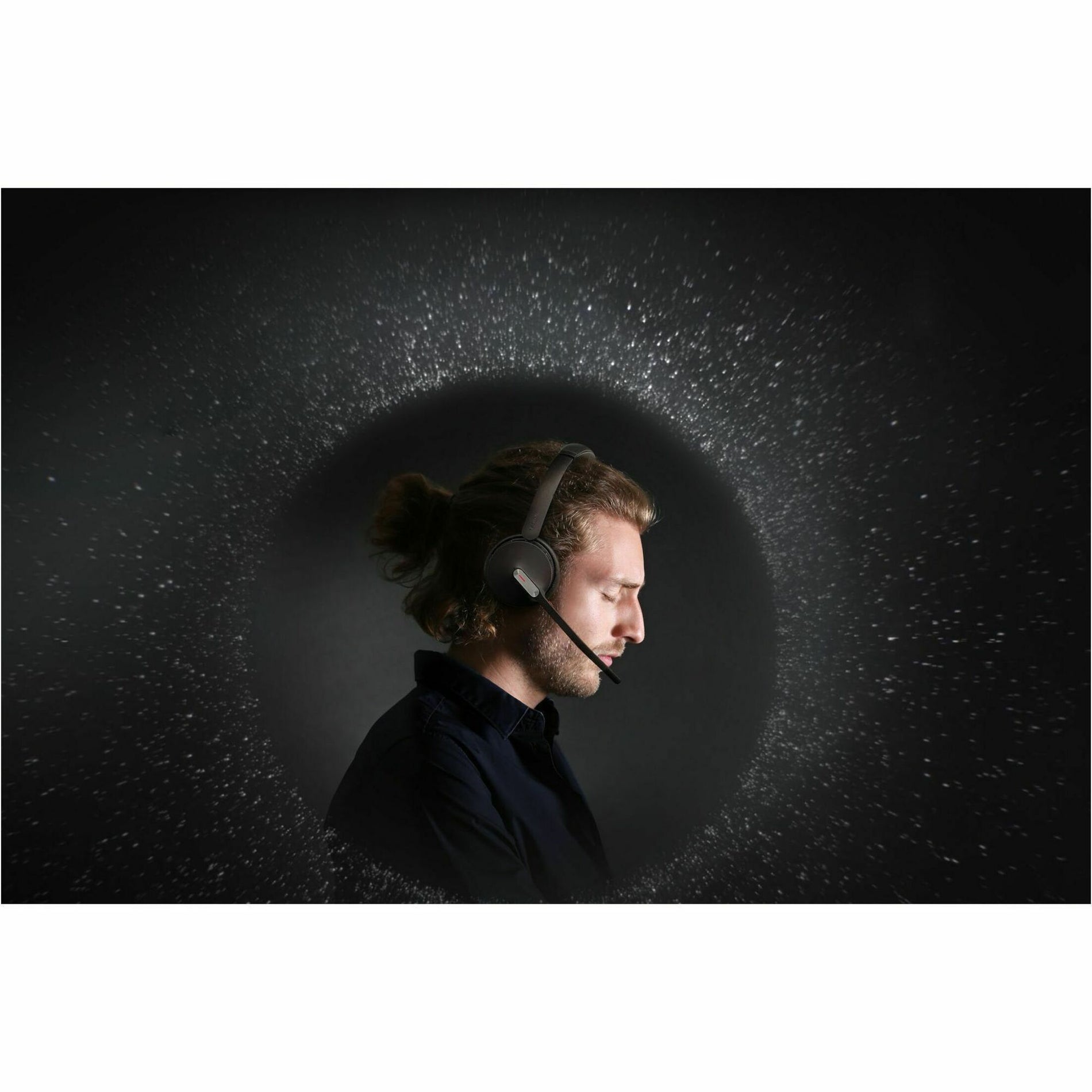 Artistic profile shot showing noise cancellation visualization around headset wearer-alternate-image4