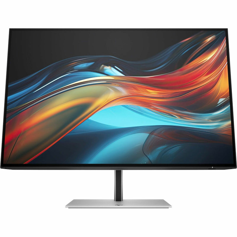 Front view of HP 724pu 24-inch monitor displaying vibrant abstract waves in blue and orange colors on screen