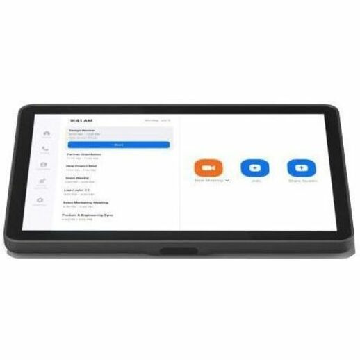 Close-up view of Logitech Tap touch controller displaying Zoom Rooms interface with meeting controls-alternate-image2