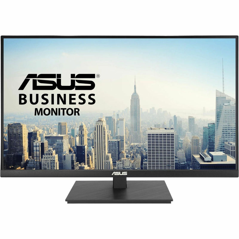 Three-quarter view of ASUS VA27UQSB monitor showing screen quality and stand