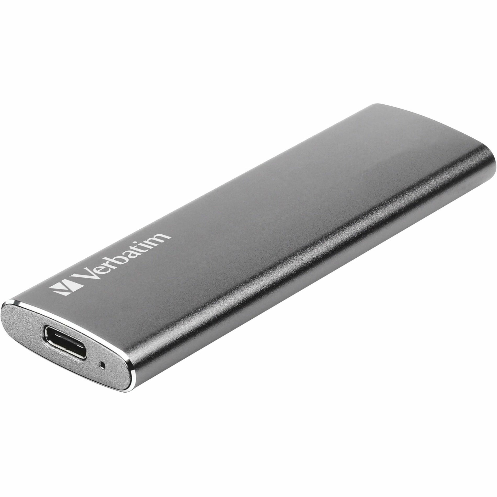 Close-up view of Verbatim VX500 portable SSD showing USB-C port and space gray aluminum finish-alternate-image1