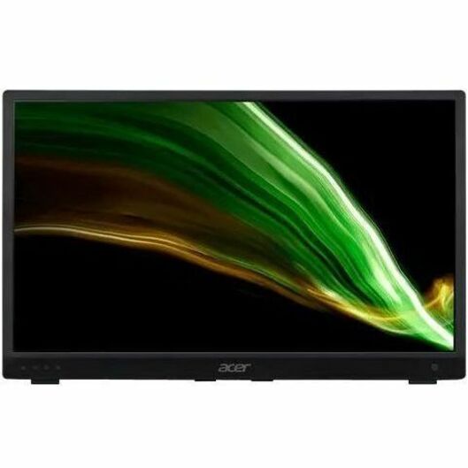 Acer PM181Q A 18-inch LCD monitor displaying dynamic green and gold wave pattern against black background