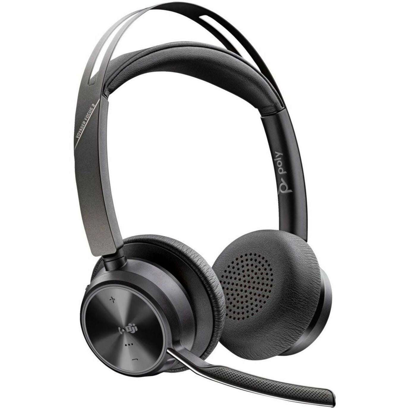 Side view of Poly Voyager Focus 2 headset showing premium over-ear design with boom microphone and control buttons-alternate-image1