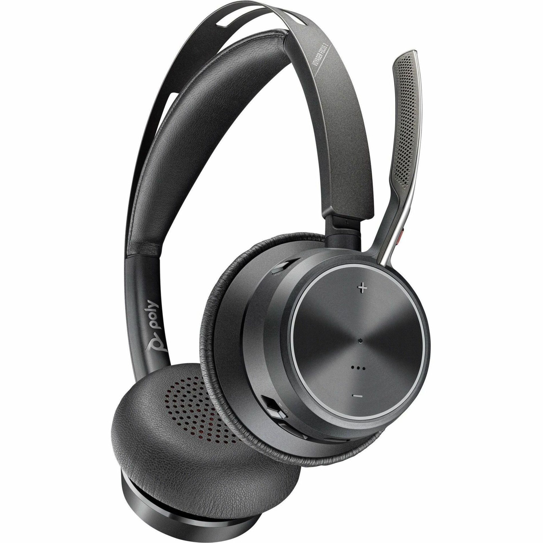 Angled view of Poly Voyager Focus 2 headset showing premium finish and controls-alternate-image4