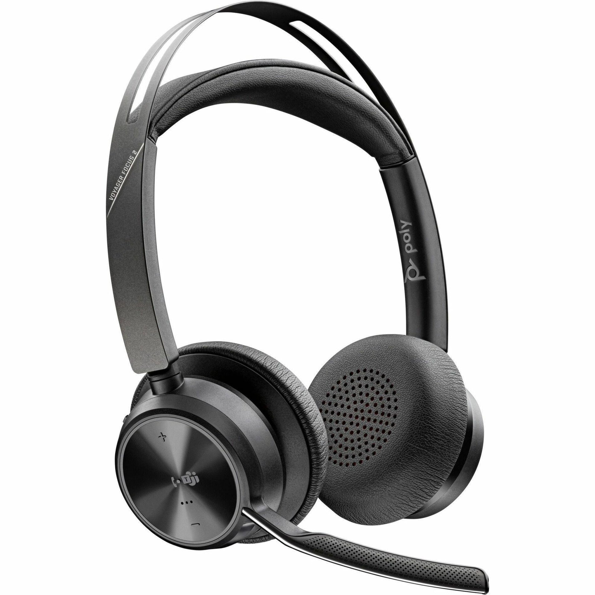 Side view of Poly Voyager Focus 2 wireless headset showing over-ear design with boom microphone-alternate-image1