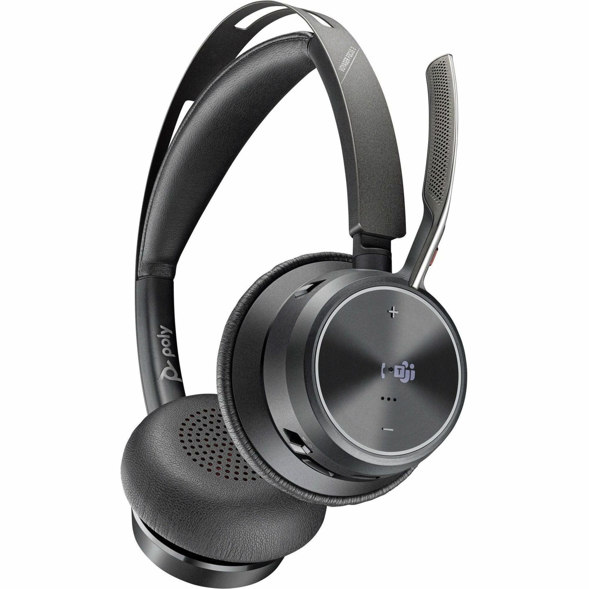 Angled view of Poly Voyager Focus 2 headset showing comfort features and control panel-alternate-image3