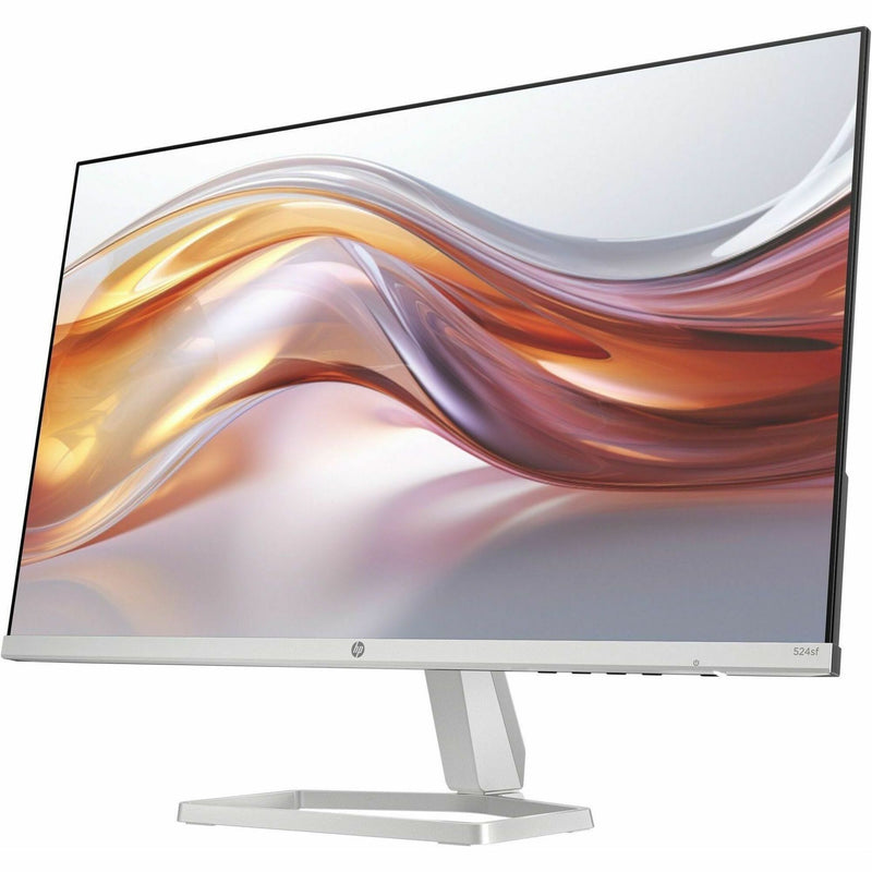 Front view of HP 524sf monitor showing sleek design with silver stand and vibrant display wallpaper