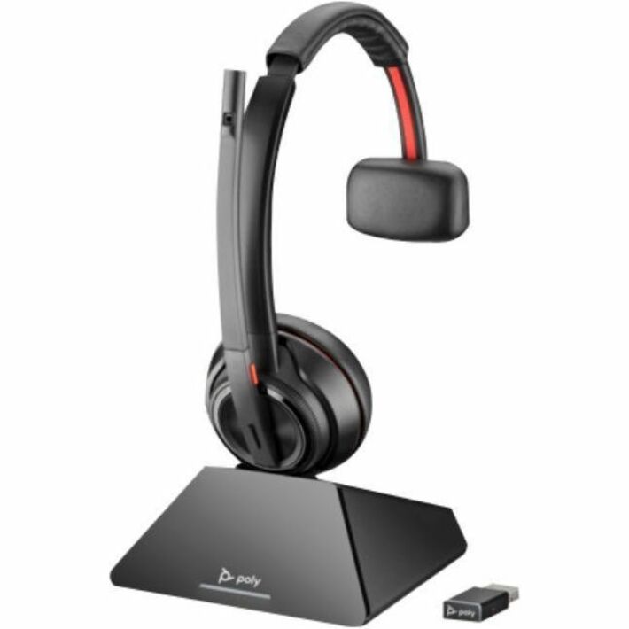 Poly wireless headset charging cradle with geometric base design, featuring a black headset with red accents and USB adapter-alternate-image1